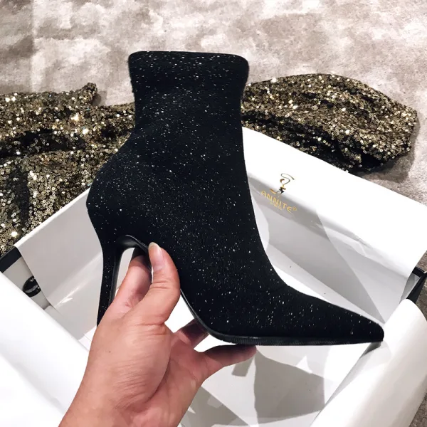 Charming Black Casual Glitter Womens Boots 2020 9 cm Stiletto Heels Pointed Toe Boots