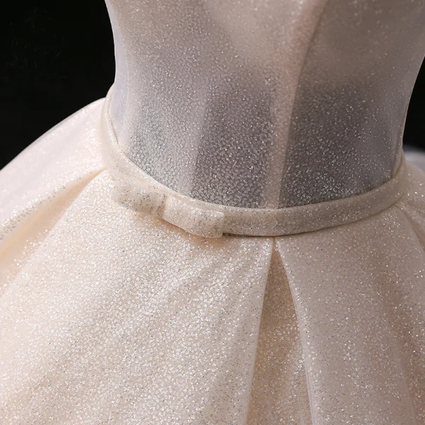 Sparkly Champagne Wedding Dresses 2018 Ball Gown Bow Glitter Off-The-Shoulder Backless Sleeveless Chapel Train Wedding