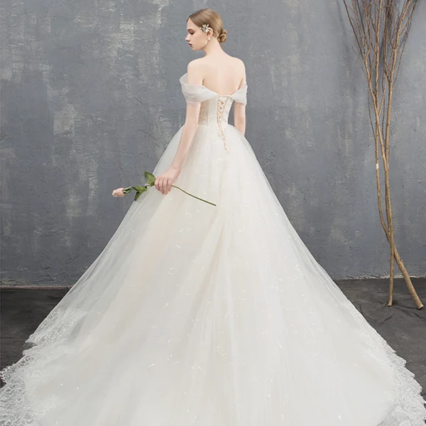 Elegant Champagne Wedding Dresses Ball Gown Lace Off-The-Shoulder Backless Sleeveless Chapel Train Wedding