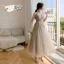 Chic / Beautiful Champagne Bridesmaid Dresses 2021 A-Line / Princess V-Neck Beading Pearl Sequins Lace Flower Short Sleeve Backless Floor-Length / Long Bridesmaid Wedding Party Dresses