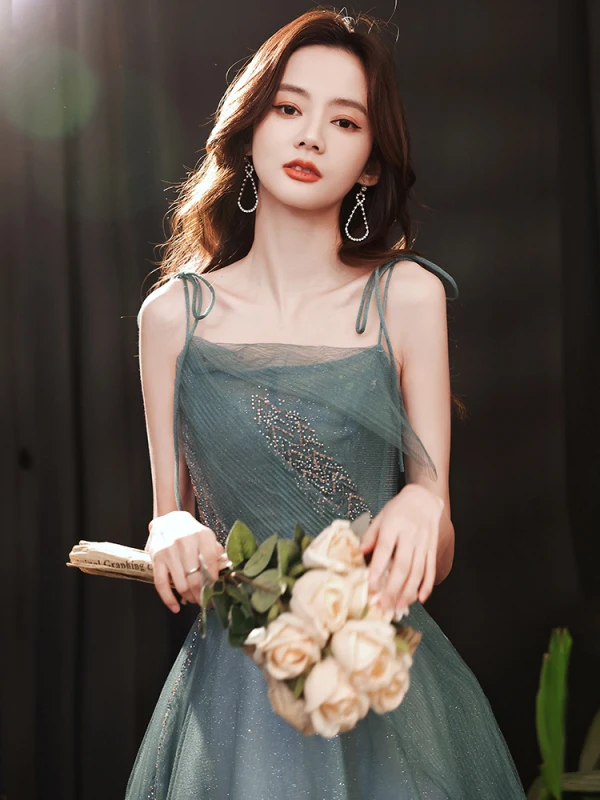 Charming Sage Green Glitter Prom Dresses 2021 A-Line / Princess Spaghetti Straps Rhinestone Sleeveless Backless Tea-length Evening Party Formal Dresses