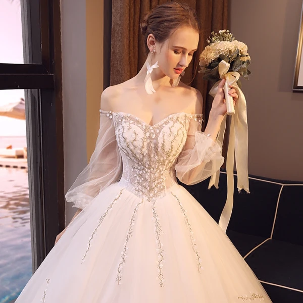 Elegant Ivory Wedding Dresses 2018 Ball Gown Beading Lace Flower Off-The-Shoulder Backless 3/4 Sleeve Floor-Length / Long Wedding