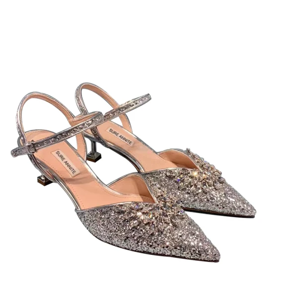 Scintillantes Argenté Soirée Cristal Chaussures Femmes 2020 Bride Cheville Faux Diamant Paillettes 8 cm Talons Aiguilles À Bout Pointu Talons Hauts
