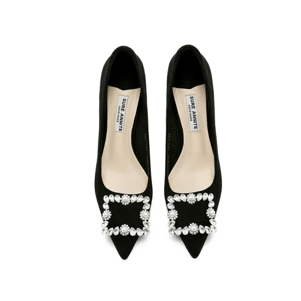 Chic / Beautiful Black Casual Suede Pumps 2020 Rhinestone 5 cm Stiletto Heels Pointed Toe Pumps