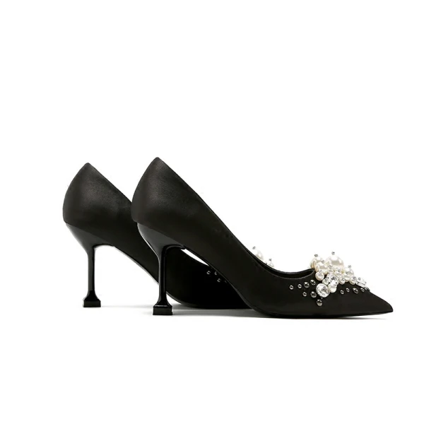 Classy Black Evening Party Satin Pumps 2020 Handmade Pearl Rhinestone 8 cm Stiletto Heels Pointed Toe Pumps