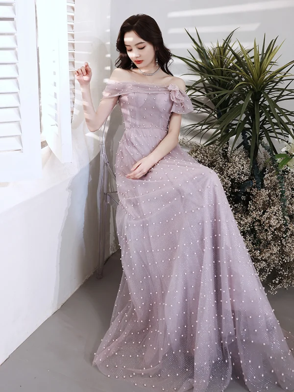 Chic / Beautiful Lavender Pearl Prom Dresses A-Line / Princess 2021 Off-The-Shoulder Sleeveless Backless Tea-length Prom Formal Dresses