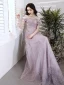 Chic / Beautiful Lavender Pearl Prom Dresses A-Line / Princess 2021 Off-The-Shoulder Sleeveless Backless Tea-length Prom Formal Dresses