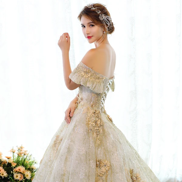 Luxury / Gorgeous Gold Wedding Dresses 2018 Ball Gown Glitter Lace Appliques Beading Rhinestone Pearl Off-The-Shoulder Backless Sleeveless Court Train Wedding