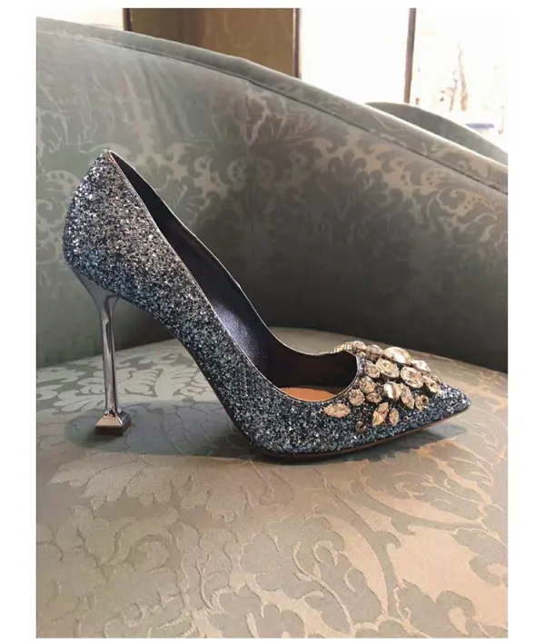 Błyszczące Błękitne Wieczorowe Rhinestone Czółenka 2020 Cekiny 9 cm Szpilki Szpiczaste Czółenka