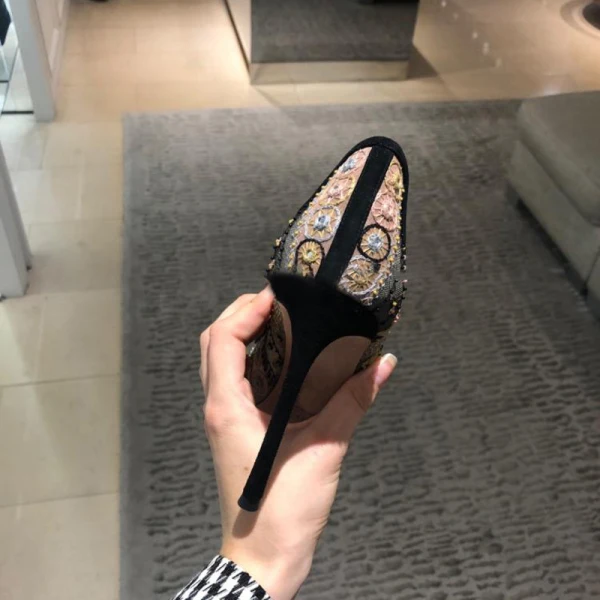 Chic Noire Cocktail Cuir Escarpins 2020 En Dentelle Brodé 9 cm Talons Aiguilles À Bout Pointu Escarpins