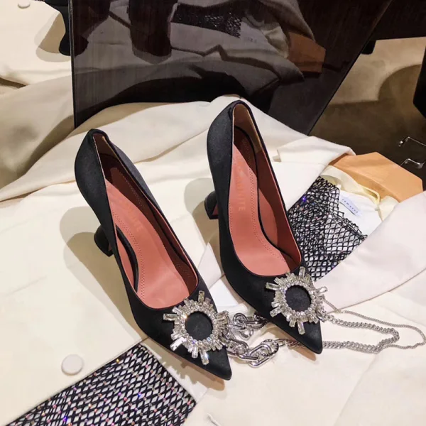 Stijlvolle Zwarte Feest Leer Pumps 2020 Kristal 9 cm Naaldhakken / Stiletto Spitse Neus Pumps