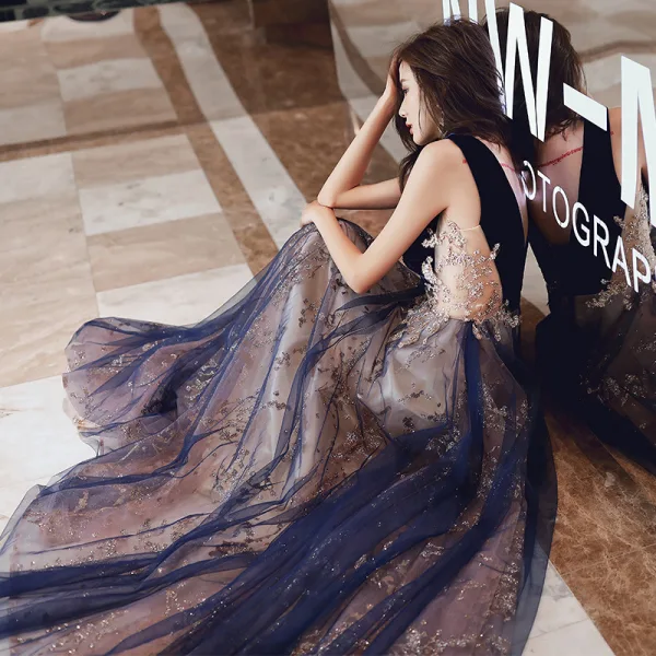 Elegant Navy Blue Beading Evening Dresses  Prom Dresses 2021 A-Line / Princess Scoop Neck Rhinestone Sequins Sleeveless Backless Floor-Length / Long Evening Party Formal Dresses