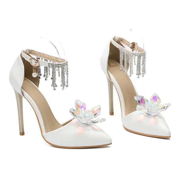Charming Ivory Evening Party Crystal Womens Shoes 2020 Rhinestone Tassel Ankle Strap 11 cm Stiletto Heels Pointed Toe Heels