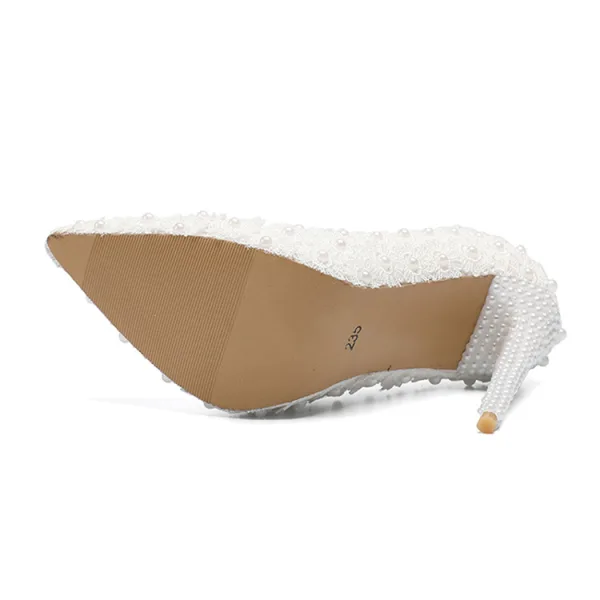 Élégant Ivoire En Dentelle Fleur Promo Escarpins 2020 Perle 11 cm Talons Aiguilles À Bout Pointu Escarpins