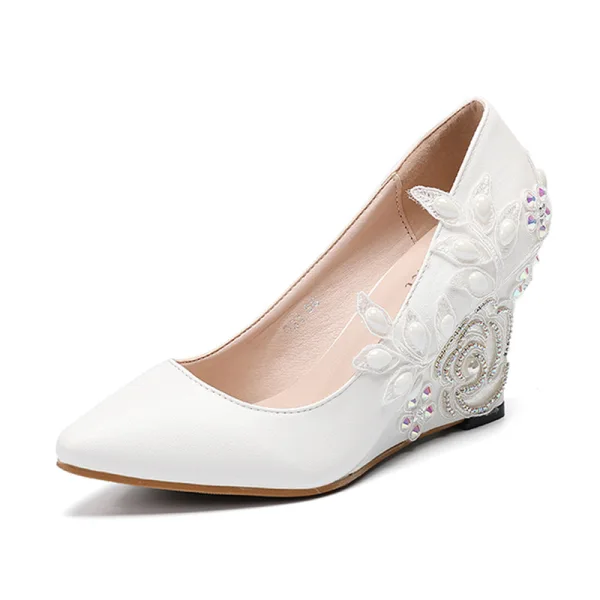Élégant Ivoire Promo En Dentelle Chaussures Femmes 2020 Perle Faux Diamant À Bout Pointu 8 cm Compensées