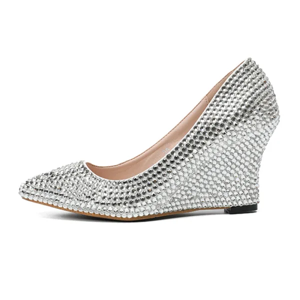 Scintillantes Argenté Club de carnaval Faux Diamant Chaussures Femmes 2020 8 cm Compensées À Bout Pointu
