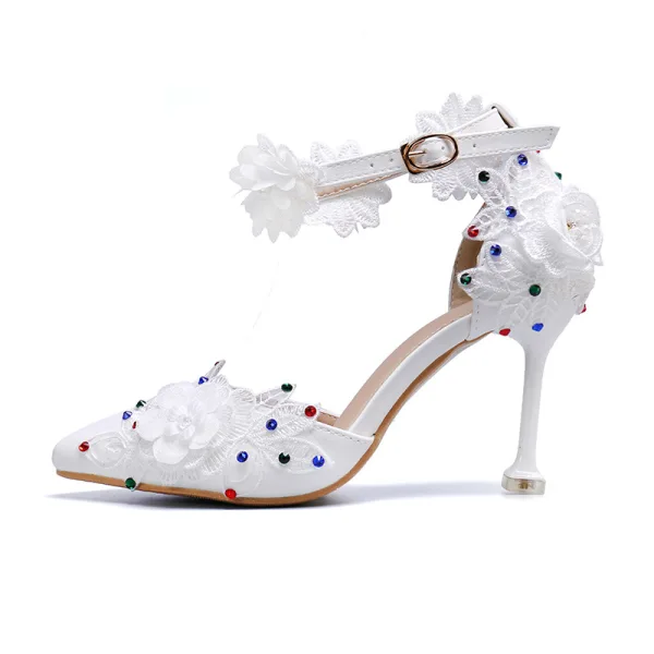 Chic / Belle Ivoire Promo Chaussures Femmes 2020 En Dentelle Fleur Appliques Faux Diamant Bride Cheville 6 cm Talons Aiguilles À Bout Pointu Talons