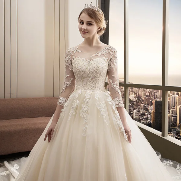 Chic / Beautiful Champagne Wedding Dresses 2018 Ball Gown Lace Appliques Sequins Scoop Neck Backless 3/4 Sleeve Cathedral Train Wedding