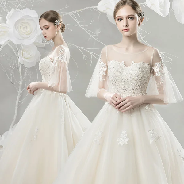 Chic / Belle Champagne Robe De Mariée 2018 Princesse En Dentelle Appliques Paillettes Encolure Dégagée Dos Nu 3/4 Manches Cathedral Train Mariage