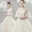 Chic / Belle Champagne Robe De Mariée 2018 Princesse En Dentelle Appliques Paillettes Encolure Dégagée Dos Nu 3/4 Manches Cathedral Train Mariage