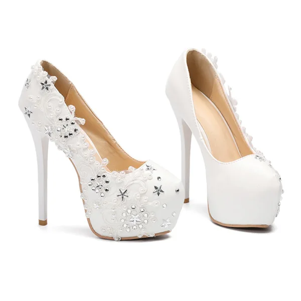 Fashion Ivory Wedding Shoes 2020 Rhinestone Lace Flower 14 cm Stiletto Heels Round Toe Wedding Pumps