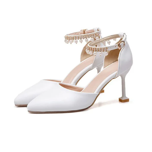 Chic / Beautiful Ivory Cocktail Party Womens Shoes 2020 Pearl Rhinestone Ankle Strap 6 cm Stiletto Heels Pointed Toe High Heels
