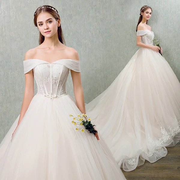 Elegant Champagne Wedding Dresses 2018 Ball Gown Lace Flower Bow Sequins Off-The-Shoulder Backless Sleeveless Cathedral Train Wedding