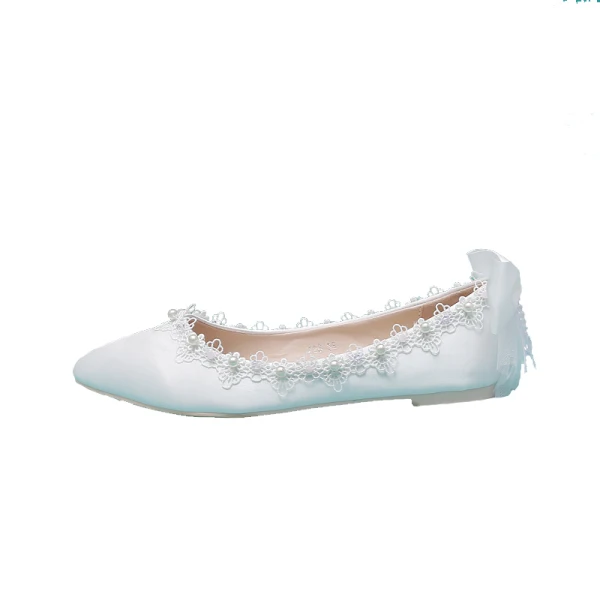 Élégant Ivoire Satin Plate Chaussure De Mariée 2020 Perle En Dentelle Fleur Noeud À Bout Pointu