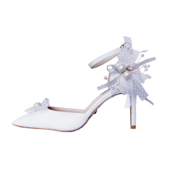 Amazing / Unique Ivory Wedding Shoes 2020 Lace Pearl Rhinestone Bow Ankle Strap 9 cm Stiletto Heels Pointed Toe Wedding Heels