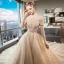 Chic / Belle Champagne Robe De Mariée 2018 Robe Boule Glitter De l'épaule Dos Nu Sans Manches Royal Train Mariage
