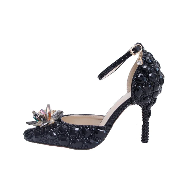 Charming Black Evening Party Crystal Ankle Strap Womens Shoes 2020 9 cm Stiletto Heels Pointed Toe High Heels