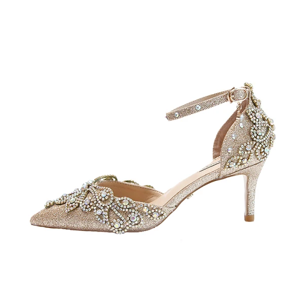 Scintillantes Doré Faux Diamant Chaussure De Mariée 2020 Cuir Glitter Paillettes Bride Cheville 9 cm Talons Aiguilles À Bout Pointu Mariage Talons