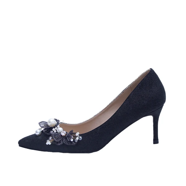 Elegant Black Cocktail Party Leather Glitter Pumps 2020 Pearl Lace Flower 7 cm Stiletto Heels Pointed Toe Pumps