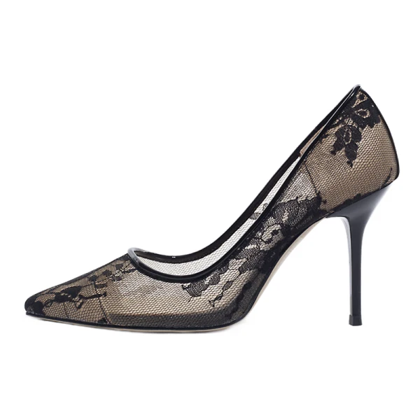 Charmant Schwarz Abend Spitze Pumps 2020 Leder 9 cm Stilettos Spitzschuh Durchbohrt Pumps