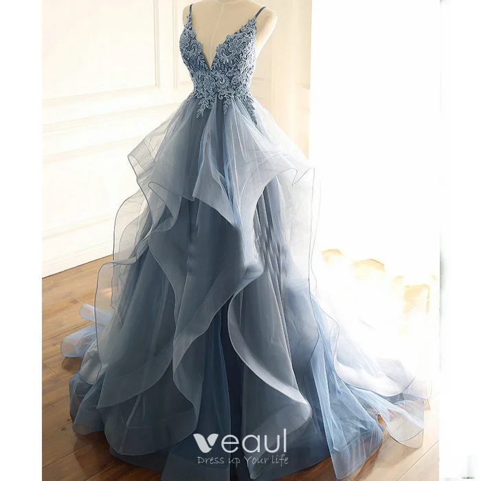 Spaghetti Long A-line Red Tulle Prom Dresses, Layers Long Prom Dresses, 2020 Prom Dresses