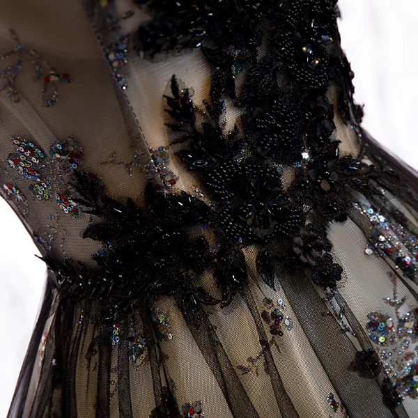 Élégant Noire Robe De Soirée 2020 Princesse De l'épaule Perlage Cristal Paillettes En Dentelle Fleur Manches Courtes Dos Nu Longue Robe De Ceremonie