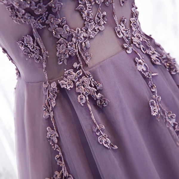 Classy Purple Evening Dresses  2020 A-Line / Princess V-Neck Beading Lace Flower Sleeveless Backless Floor-Length / Long Formal Dresses