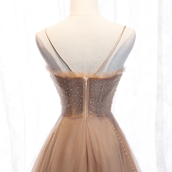 Fashion Champagne Evening Dresses 2020 A-Line / Princess Scoop Neck Beading Crystal Rhinestone Sleeveless Backless Floor-Length / Long Formal Dresses