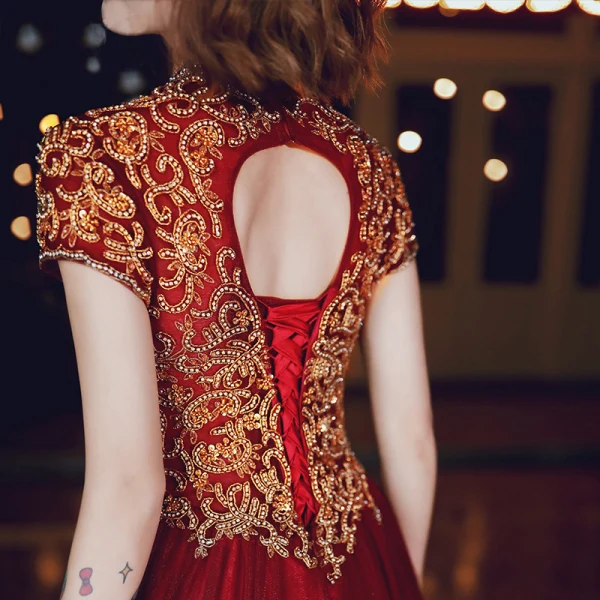 Classy Burgundy Evening Dresses  2020 A-Line / Princess Scoop Neck Beading Rhinestone Lace Flower Short Sleeve Backless Floor-Length / Long Formal Dresses