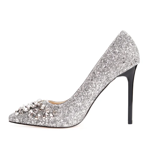 Glittrande Silver Brudskor 2020 Läder Rhinestone Paljetter 10 cm Stilettklackar Spetsiga Bröllop Pumps