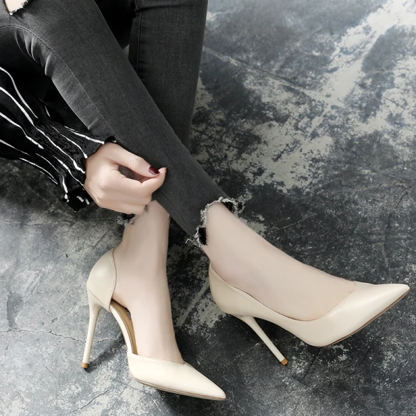 Eenvoudige Nude Kantoor OL Damesschoenen 2020 Leer 10 cm Naaldhakken / Stiletto Spitse Neus Hoge Hakken