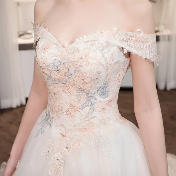 Chic / Beautiful Champagne Wedding Dresses 2018 A-Line / Princess Glitter Lace Flower Rhinestone Off-The-Shoulder Backless Sleeveless Cathedral Train Wedding