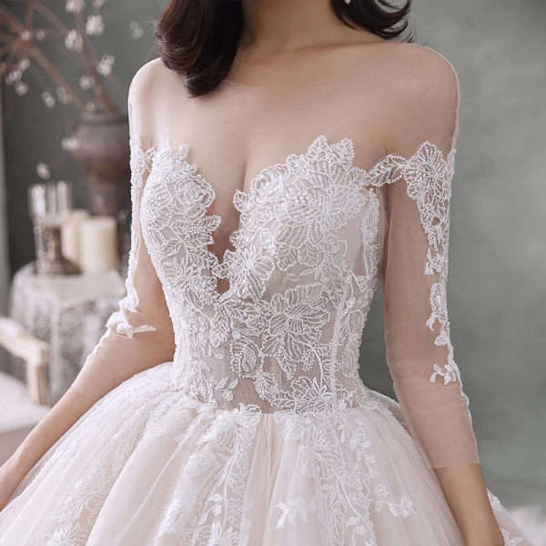 Luxury / Gorgeous Ivory Wedding Dresses 2020 Ball Gown Scoop Neck Beading Pearl Rhinestone 3/4 Sleeve Backless Cathedral Train
