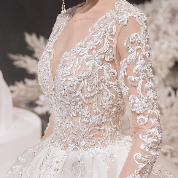 Luxury / Gorgeous Ivory Wedding Dresses 2020 Ball Gown Scoop Neck Beading Lace Flower Long Sleeve Backless Cathedral Train