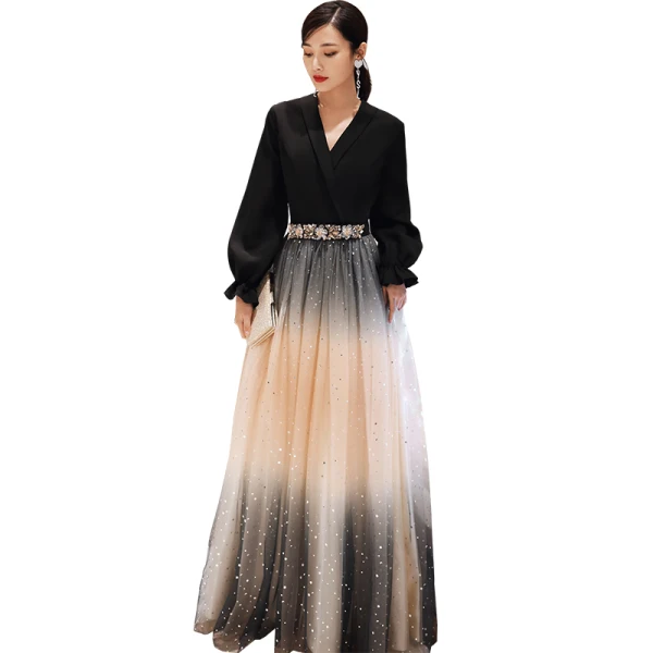 Mode Noire Robe De Soirée 2020 Princesse V-Cou Étoile Paillettes Faux Diamant Manches Longues Longue Robe De Ceremonie