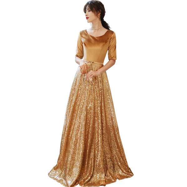 Sparkly Gold Evening Dresses  2020 A-Line / Princess Suede V-Neck Sequins 1/2 Sleeves Backless Floor-Length / Long Formal Dresses