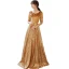 Sparkly Gold Evening Dresses  2020 A-Line / Princess Suede V-Neck Sequins 1/2 Sleeves Backless Floor-Length / Long Formal Dresses