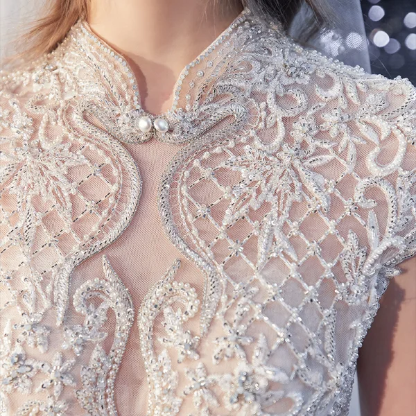 Chinese style Ivory Beading Wedding Dresses 2020 Ball Gown Scoop Neck Pearl Rhinestone Short Sleeve Backless Cathedral Train