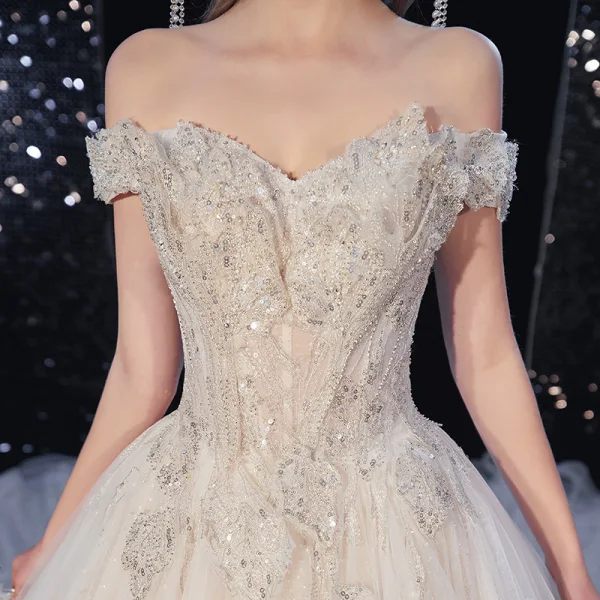Luxury / Gorgeous Ivory Wedding Dresses 2020 Ball Gown Off-The-Shoulder Beading Rhinestone Sequins Short Sleeve Backless Royal Train