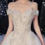 Luxury / Gorgeous Ivory Wedding Dresses 2020 Ball Gown Off-The-Shoulder Beading Rhinestone Sequins Short Sleeve Backless Royal Train